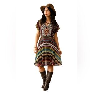 Gabby Skye Tribal Multicolor Crepe Flutter Sleeve Aztec Boho Gypsy Midi Dress